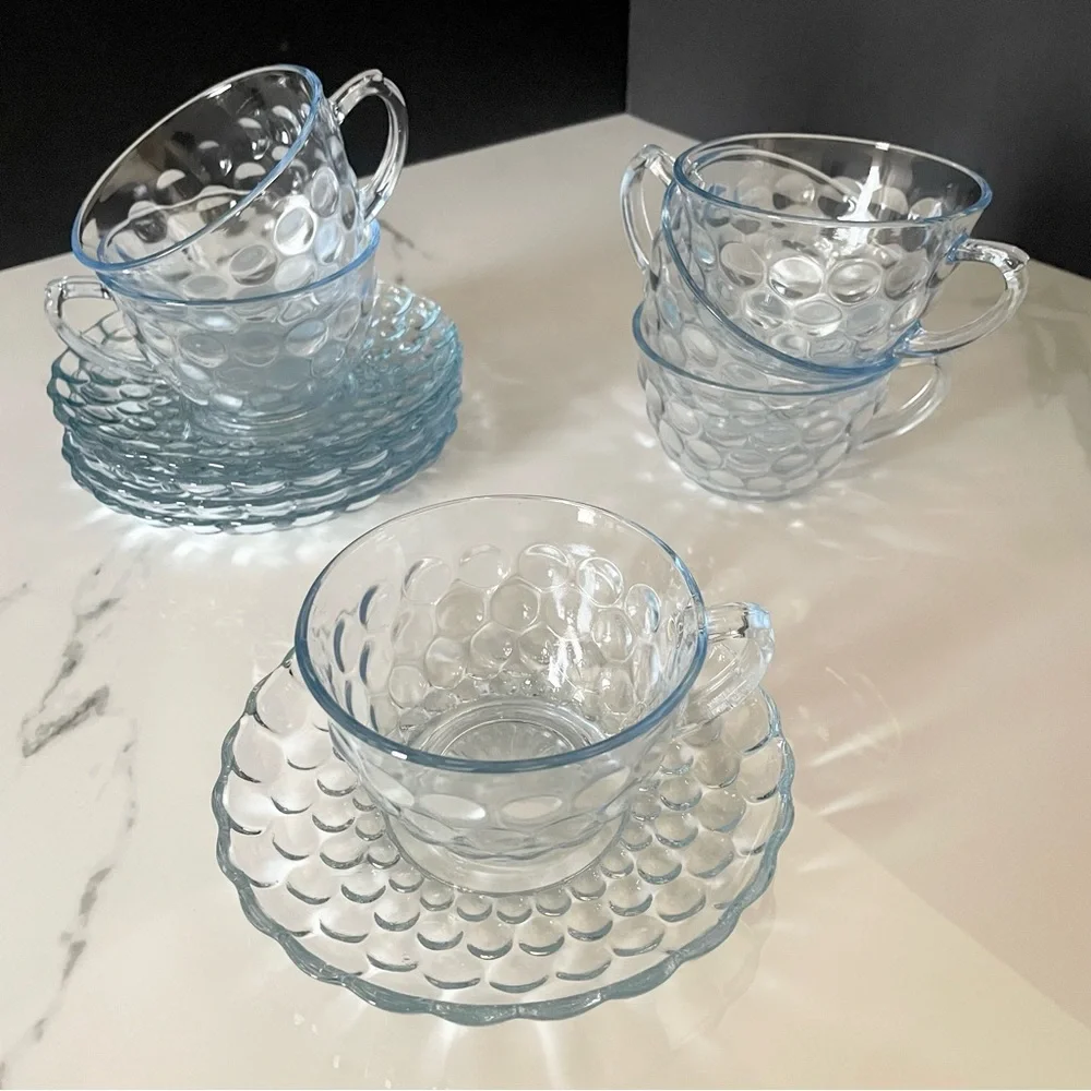 11 Piece SET - Blue Bubble Glass Cups & Saucers by Anchor Hocking
